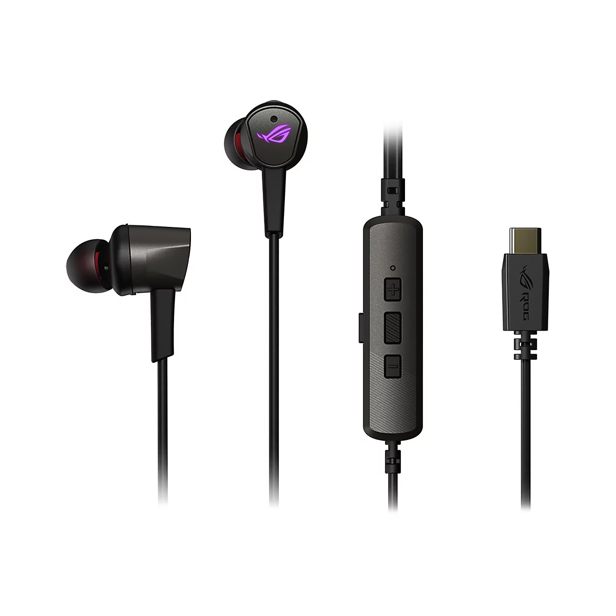 Schwarze In-Ear-Kopfhörer mit USB-C-Anschluss, eingebautem Mikrofon und ROG-Logo.