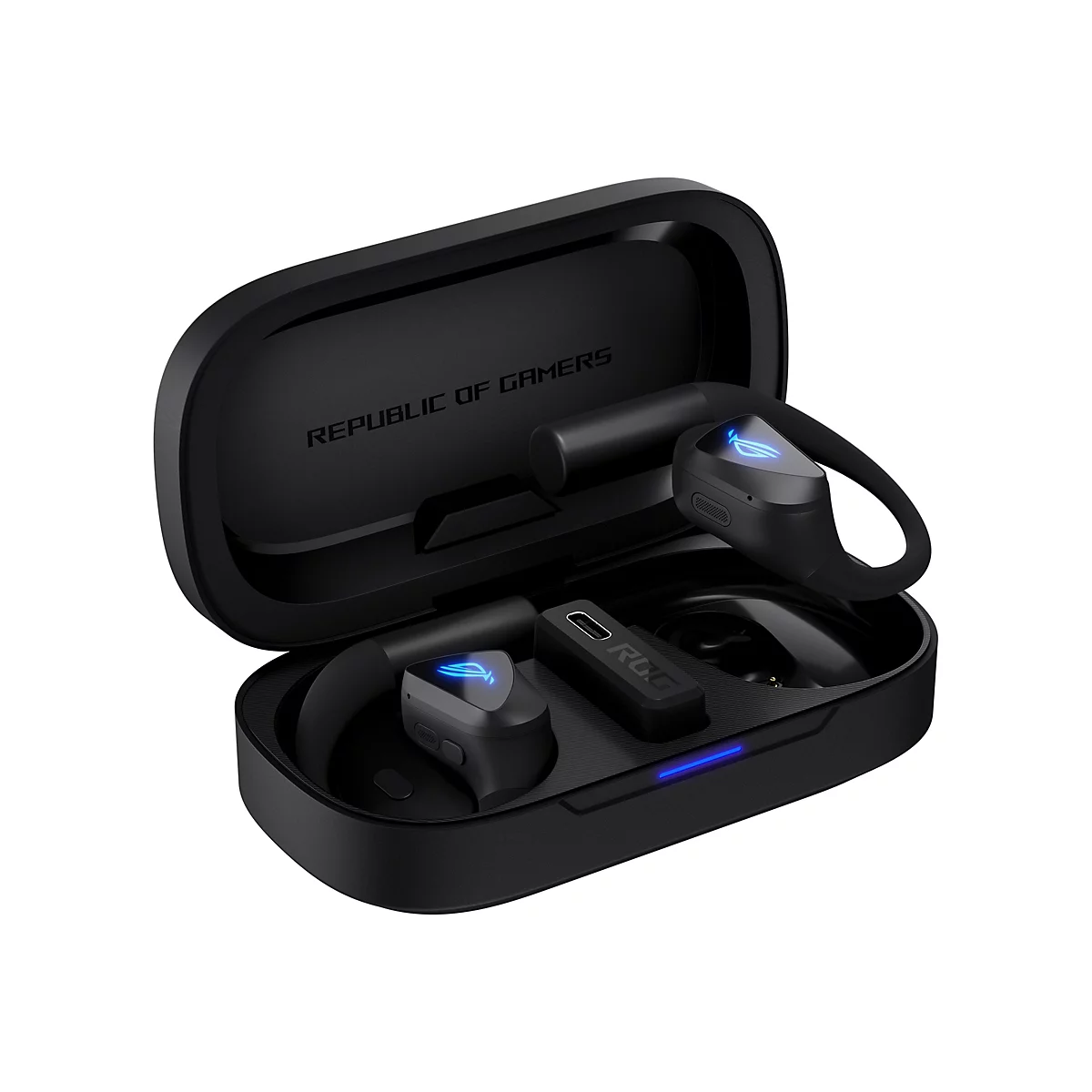 Offenes Ladecase mit schwarzen Gaming-Ohrhörern mit leuchtend blauem ROG-Logo vor weißem Hintergrund.