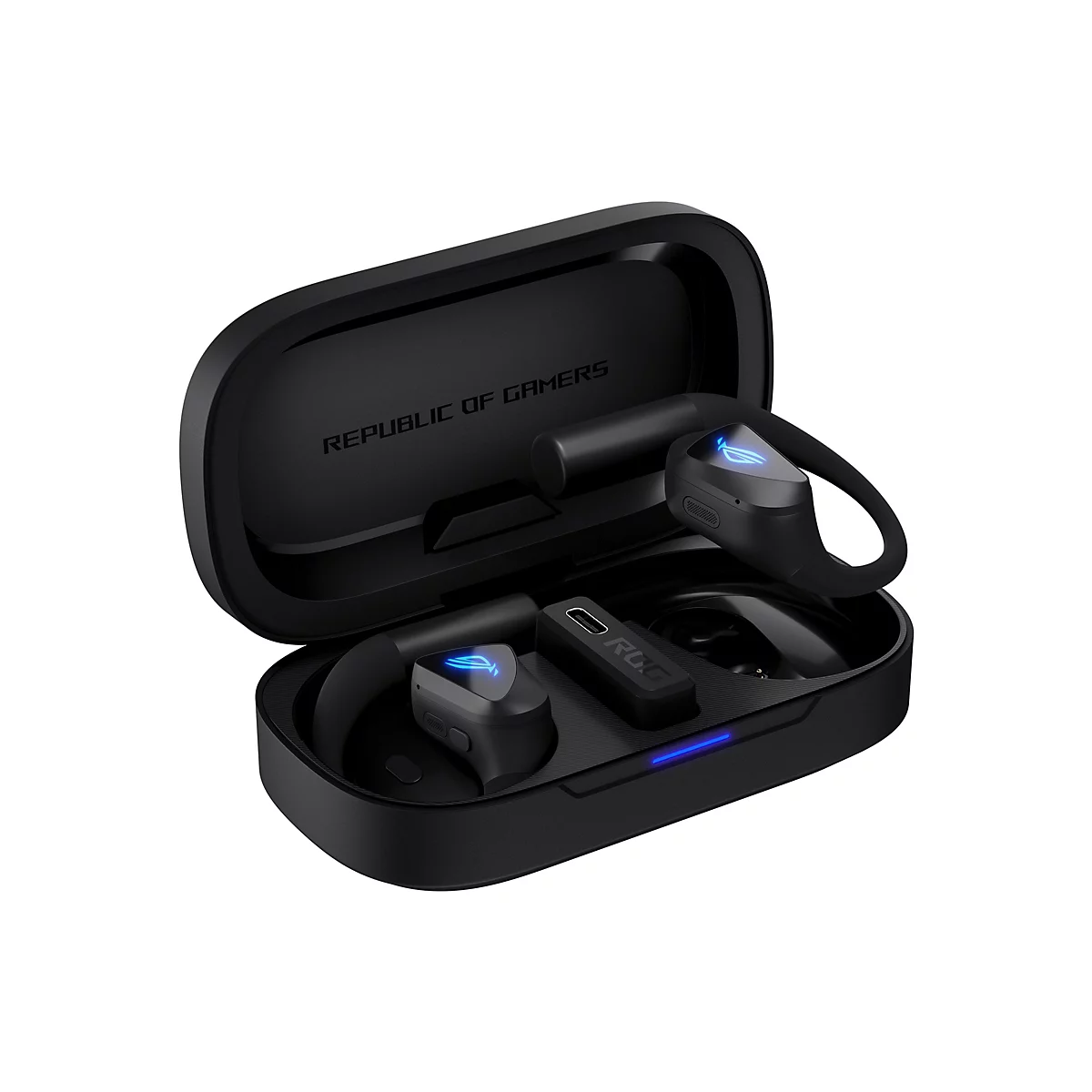 Schwarzes ROG Wireless Gaming-Headset im offenen Ladecase mit blau leuchtendem Logo.
