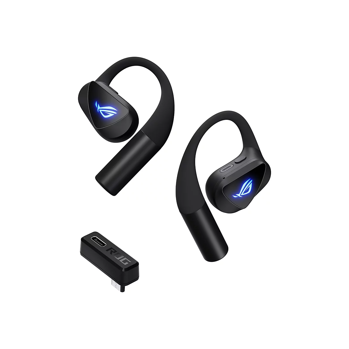 Zwei schwarze Gaming-Ohrhörer mit leuchtendem blauem ROG-Logo und ein USB-C-Adapter vor weißem Hintergrund.