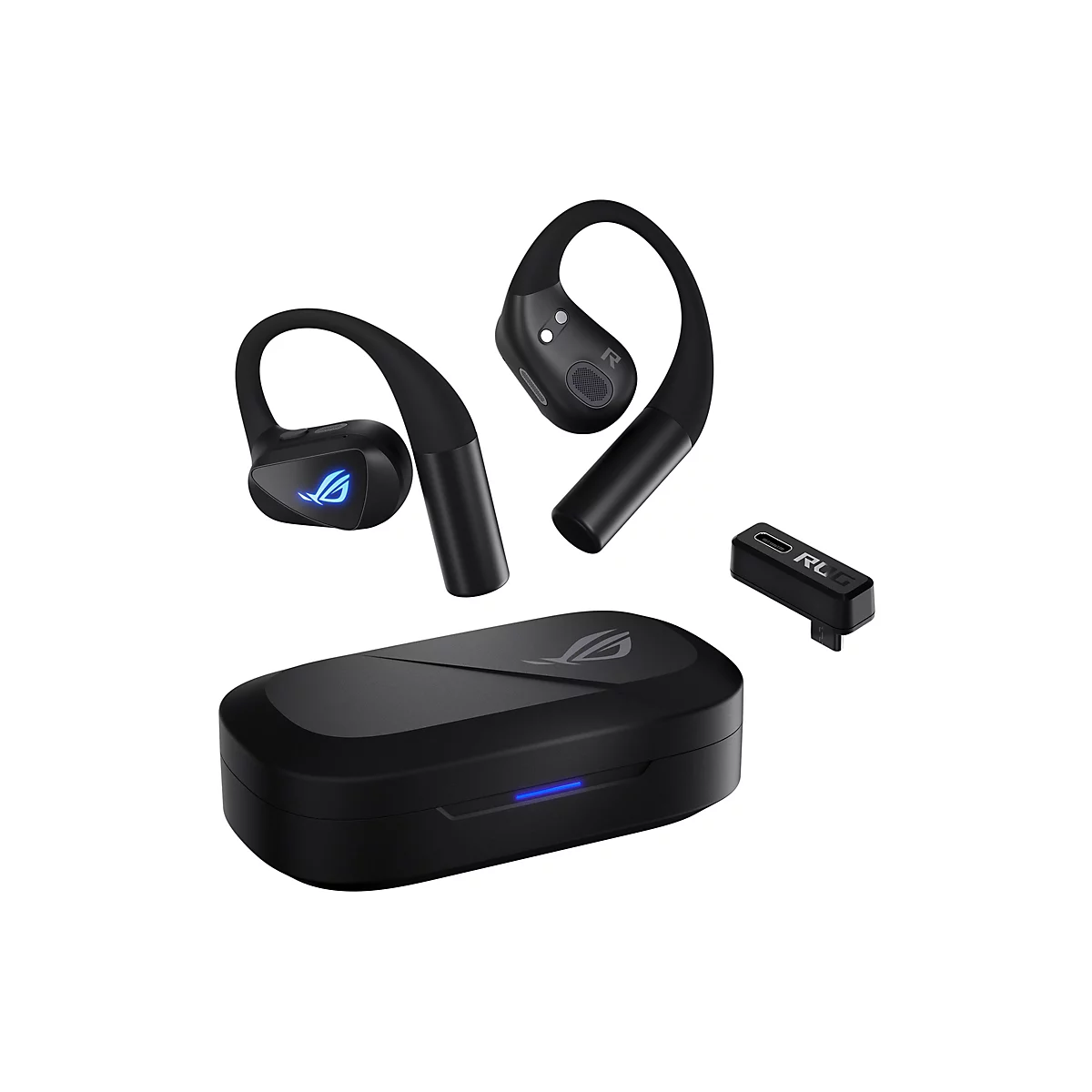 Schwarze ROG Gaming-Ohrhörer mit Ladecase und USB-C-Dongle vor weißem Hintergrund.