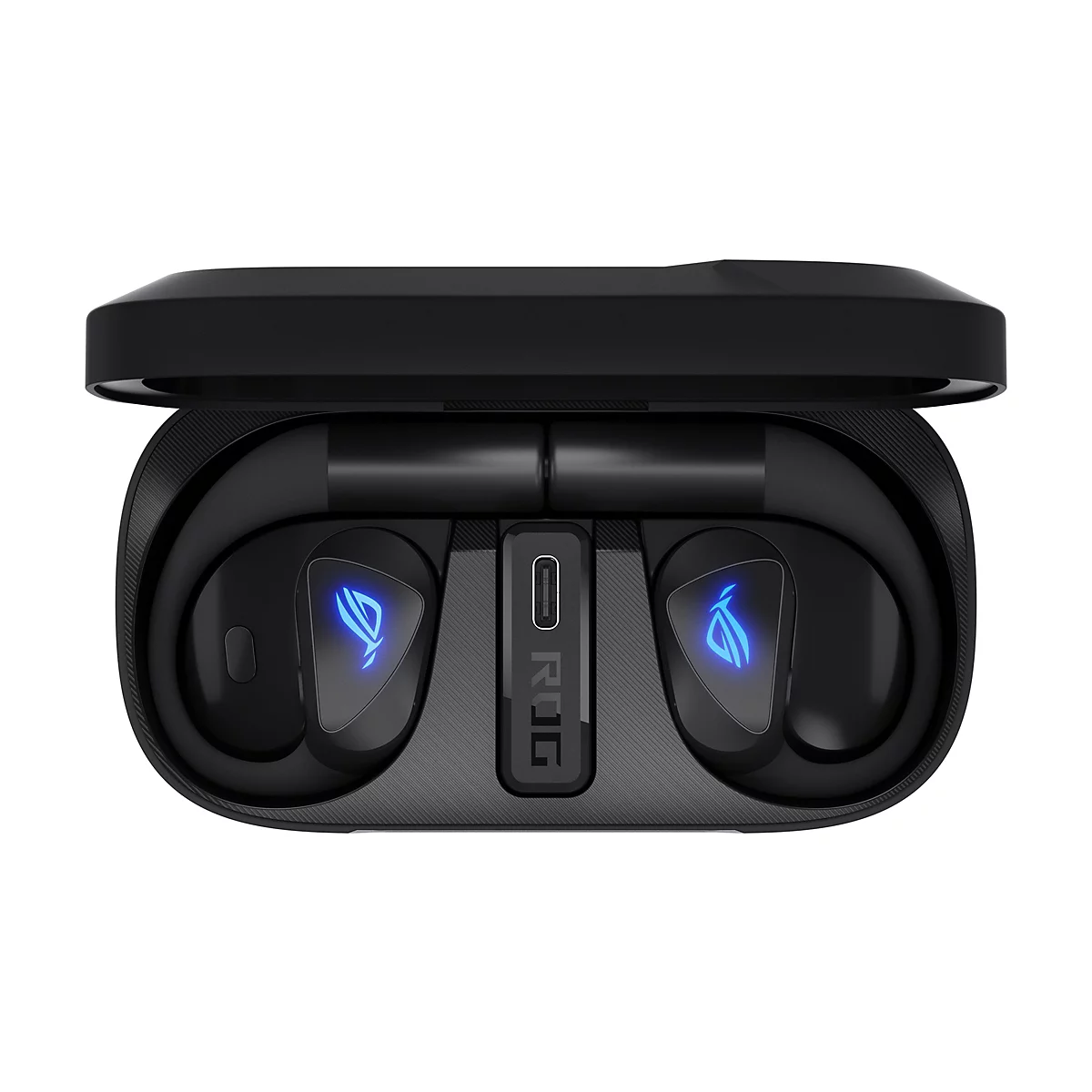 Schwarzes ROG In-Ear Ladecase mit zwei In-Ear-Kopfhörern, die blau leuchtende ROG-Logos zeigen.