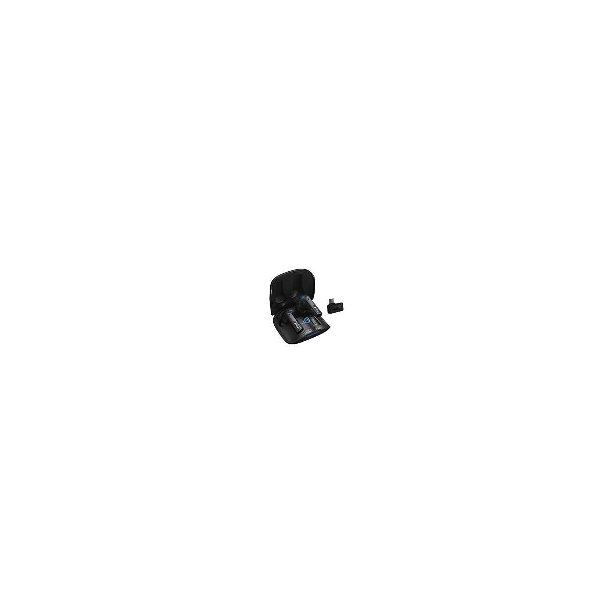 Schwarze ROG-Kopfhörer in Ladecase und USB-Dongle.