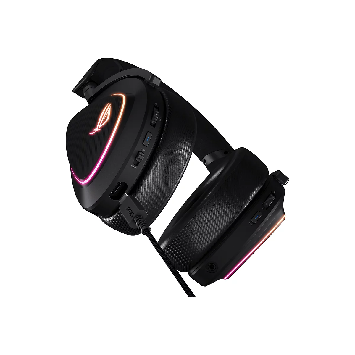 Casque de jeu noir avec éclairage coloré, un câble et le logo ROG, posé en diagonale sur un fond blanc.