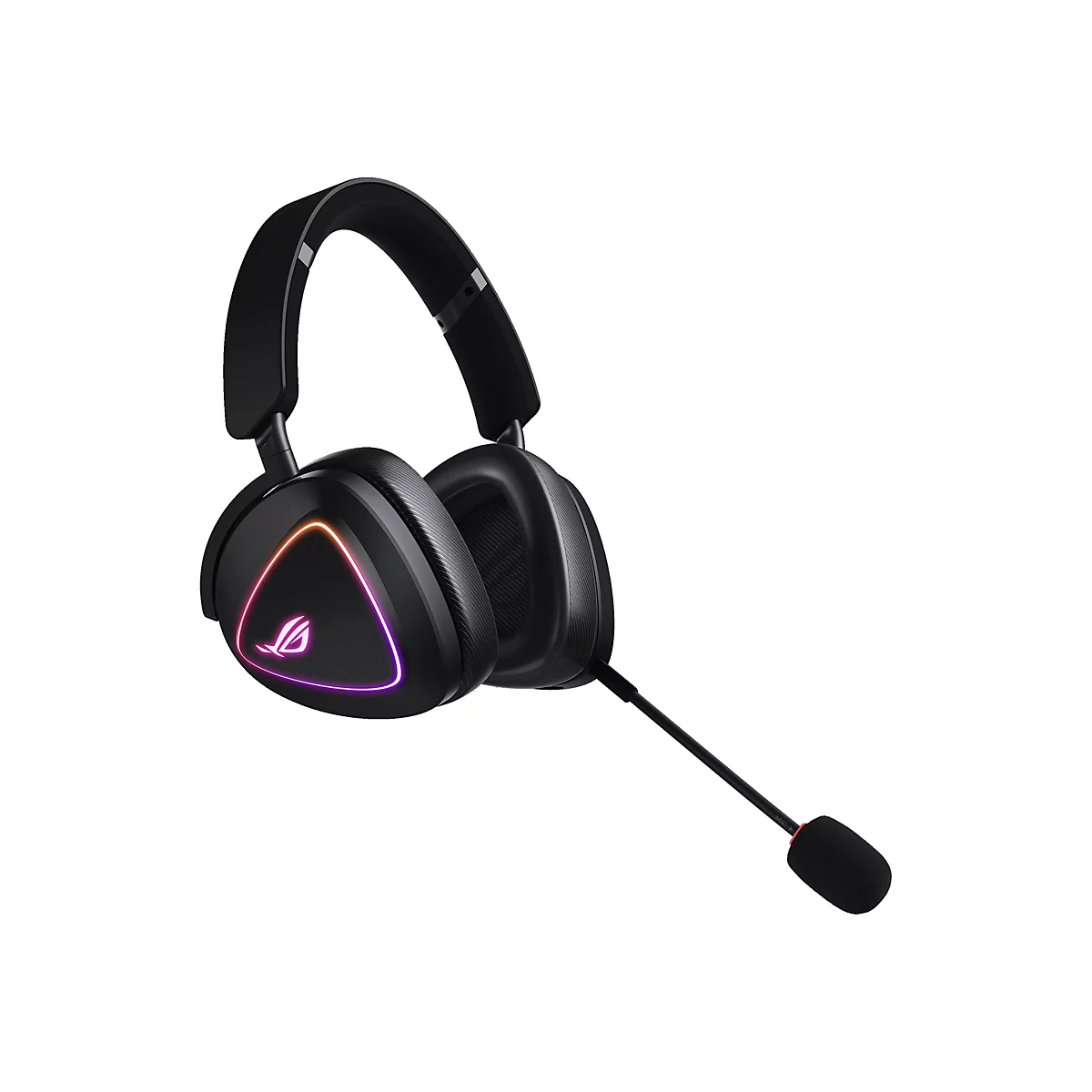 Schwarzes Gaming-Headset mit farbiger Beleuchtung, Mikrofon und weißem Hintergrund.
