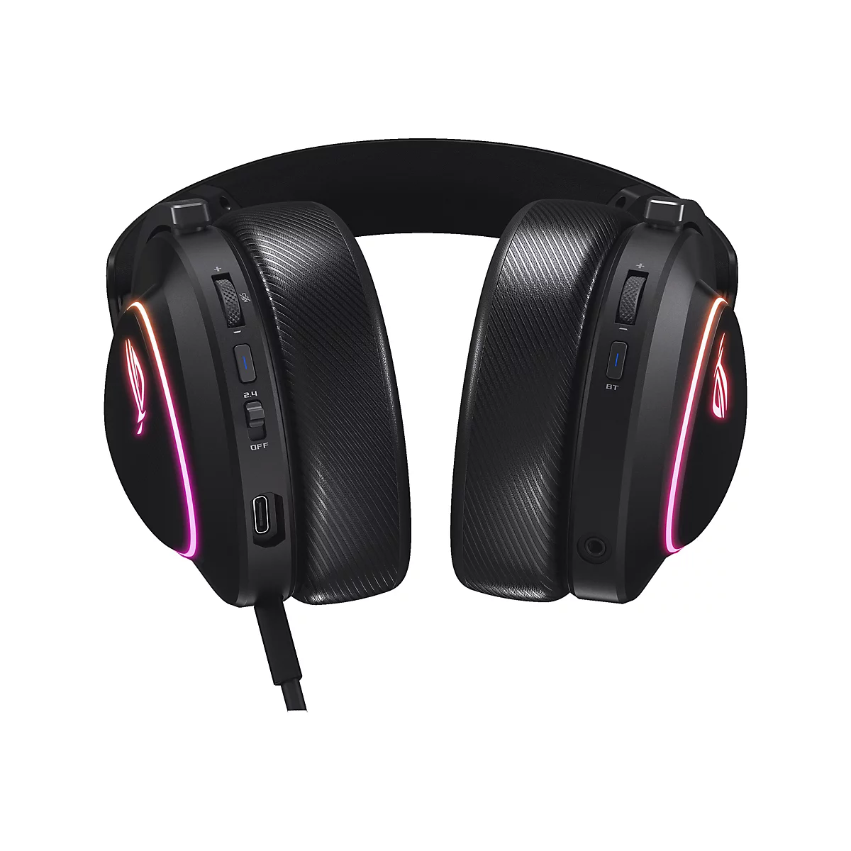 Schwarzes Gaming-Headset, detailreich mit Texturen und RGB-Beleuchtung. Knöpfe und Anschlüsse sind sichtbar.