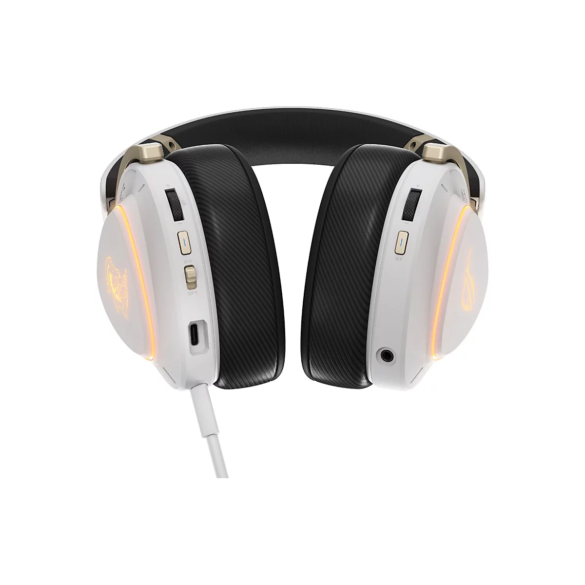 Weiße Gaming-Kopfhörer mit schwarzen Ohrpolstern, goldenen Akzenten und leuchtenden LED-Ringen vor weißem Hintergrund.