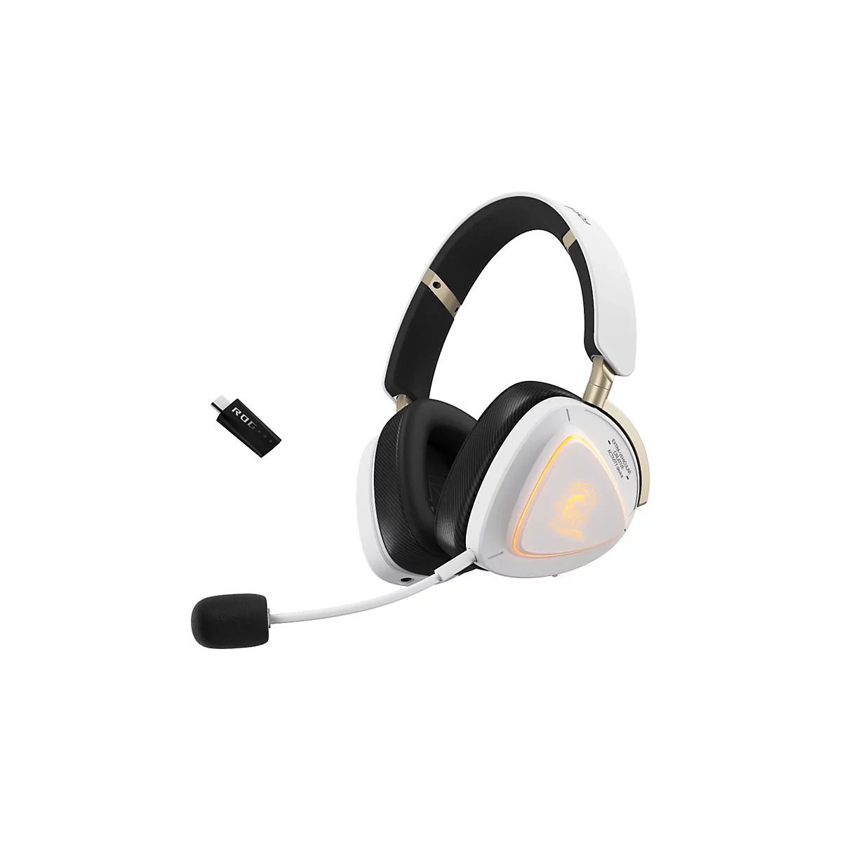 Weißes Gaming-Headset mit beleuchtetem Logo und USB-C-Adapter vor weißem Hintergrund.