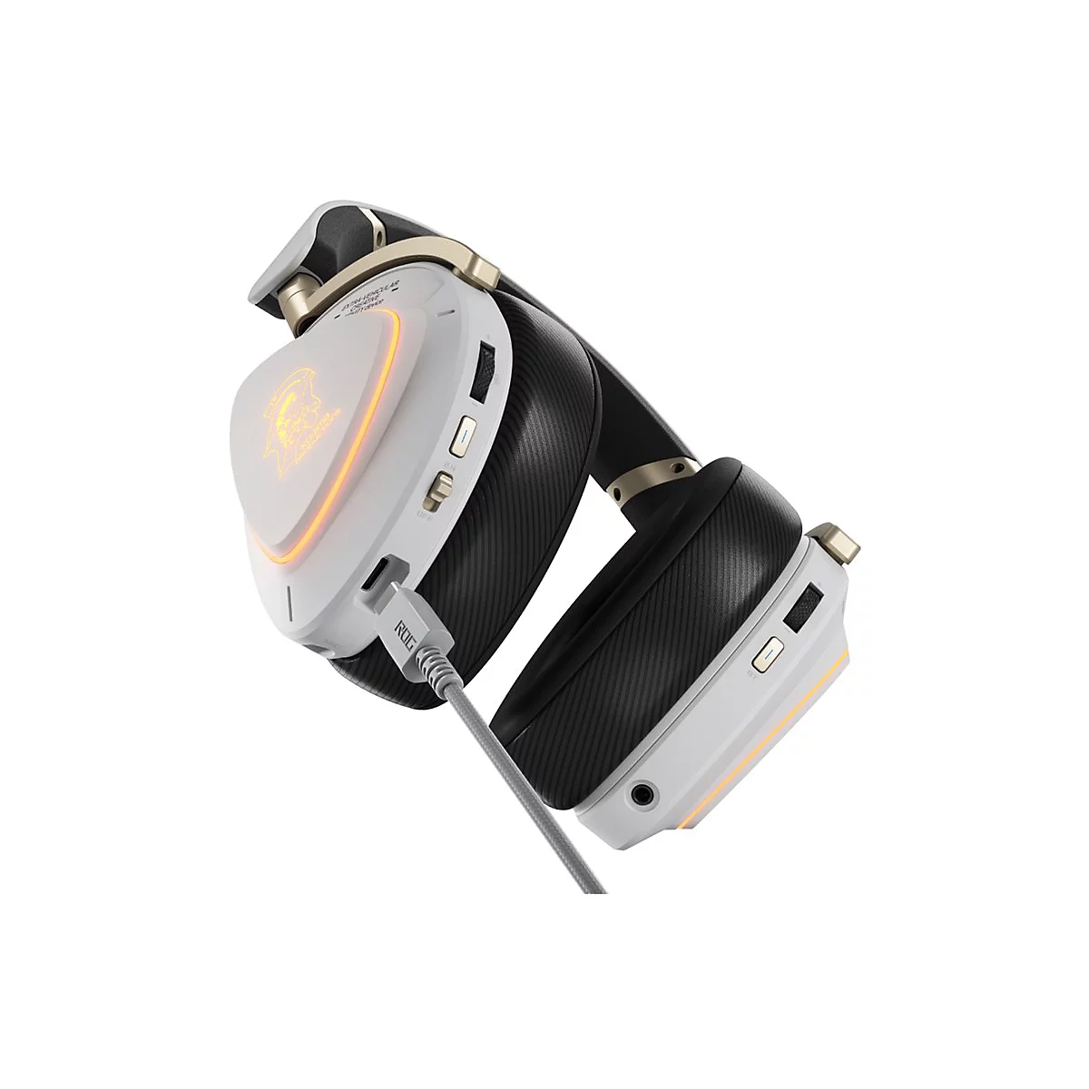 Weißes Gaming-Headset mit schwarzem Polster und leuchtendem ROG-Logo vor weißem Hintergrund.