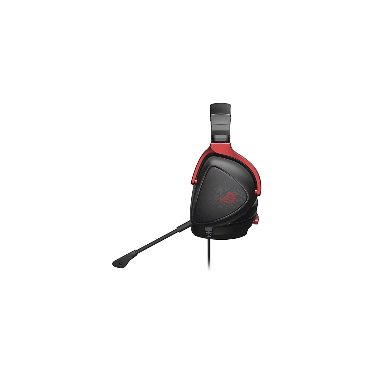 Schwarzes Gaming-Headset mit roter Akzentuierung und Mikrofon, Kabelanschluss.