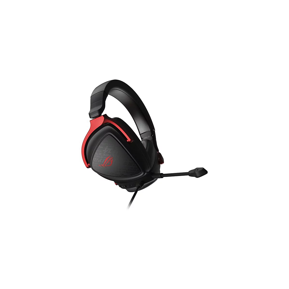 Schwarzes Gaming-Headset mit roter Akzentuierung und Mikrofon vor weißem Hintergrund. Auf der Ohrmuschel ist der ROG-Schriftzug zu sehen.
