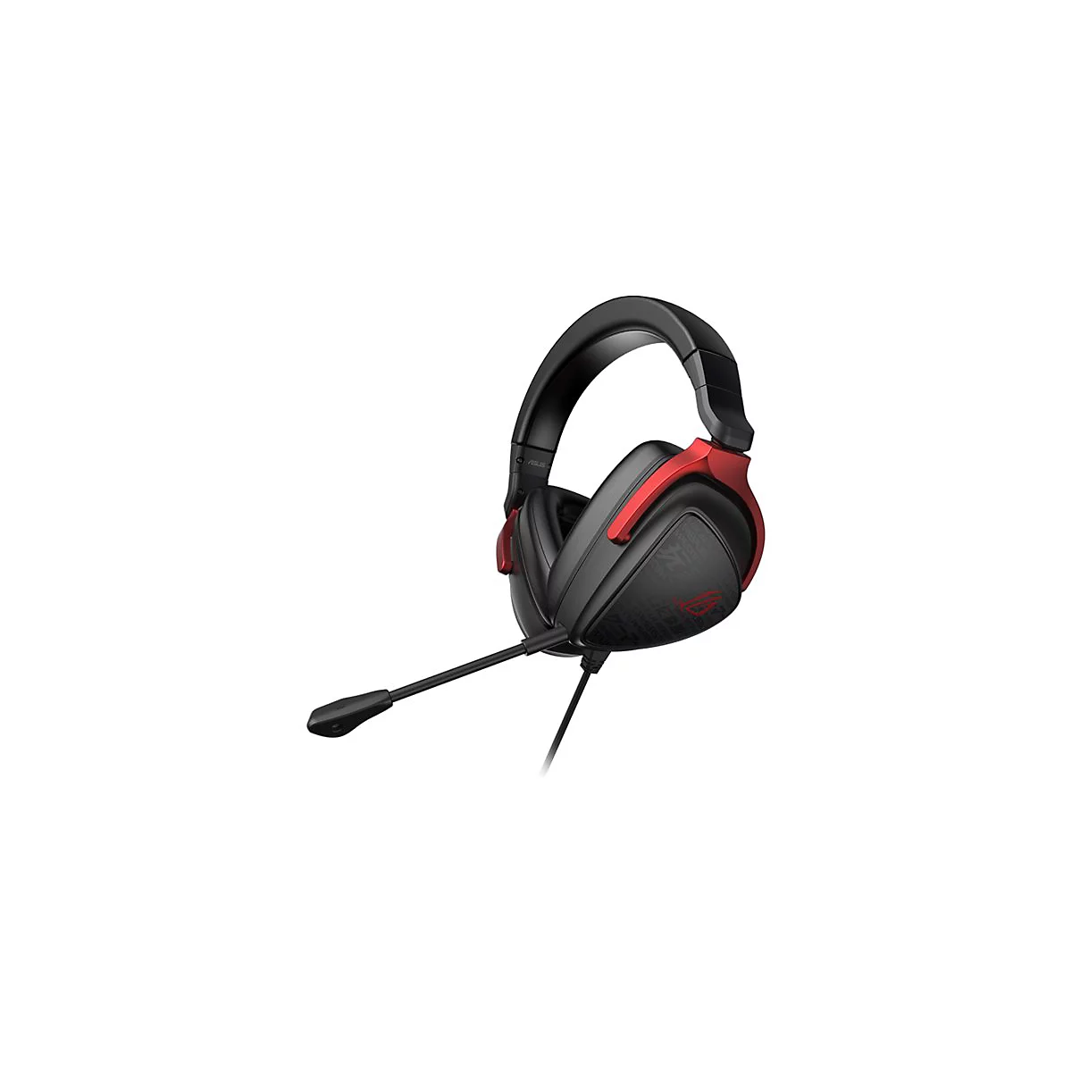 Schwarzes Gaming-Headset mit roter Akzentfarbe und Mikrofon. Auf den Ohrmuscheln ist das ROG-Logo zu sehen.