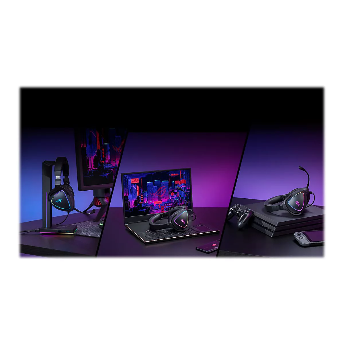 Drei Szenen zeigen Gaming-KopfhÃ¶rer. Links: KopfhÃ¶rer an Halterung, Monitor, Tastatur. Mitte: KopfhÃ¶rer auf Laptop. Rechts: KopfhÃ¶rer, Controller, Konsole.