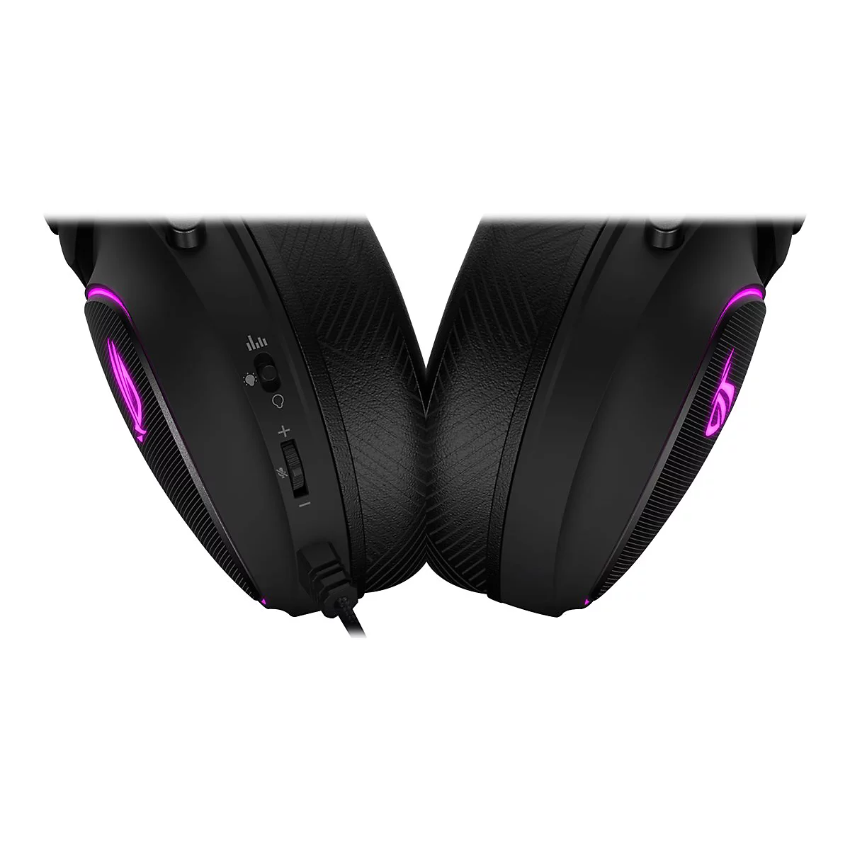 Schwarzer Gaming-KopfhÃ¶rer mit rosa leuchtendem Logo und LautstÃ¤rkeregler.