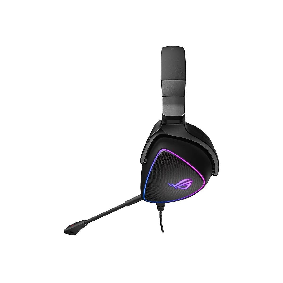 Schwarzes Gaming-Headset mit Mikrofon und RGB-Beleuchtung. Das ROG-Logo ist auf den Ohrmuscheln zu sehen.