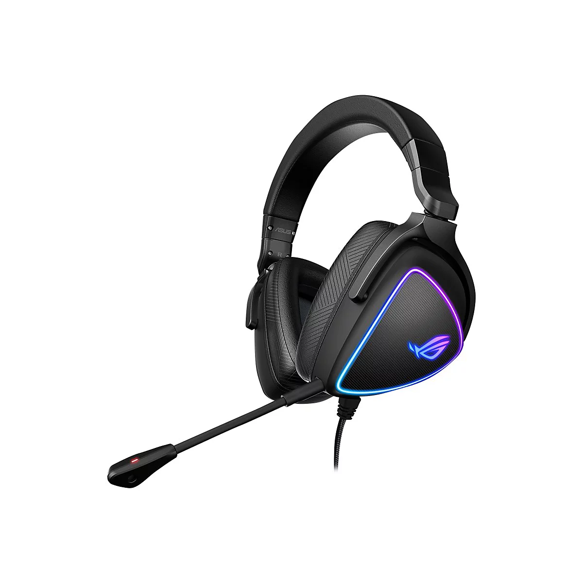 Schwarzes Gaming-Headset mit Mikrofon und farbigen LED-Leuchten. ROG-Logo und Details sichtbar.