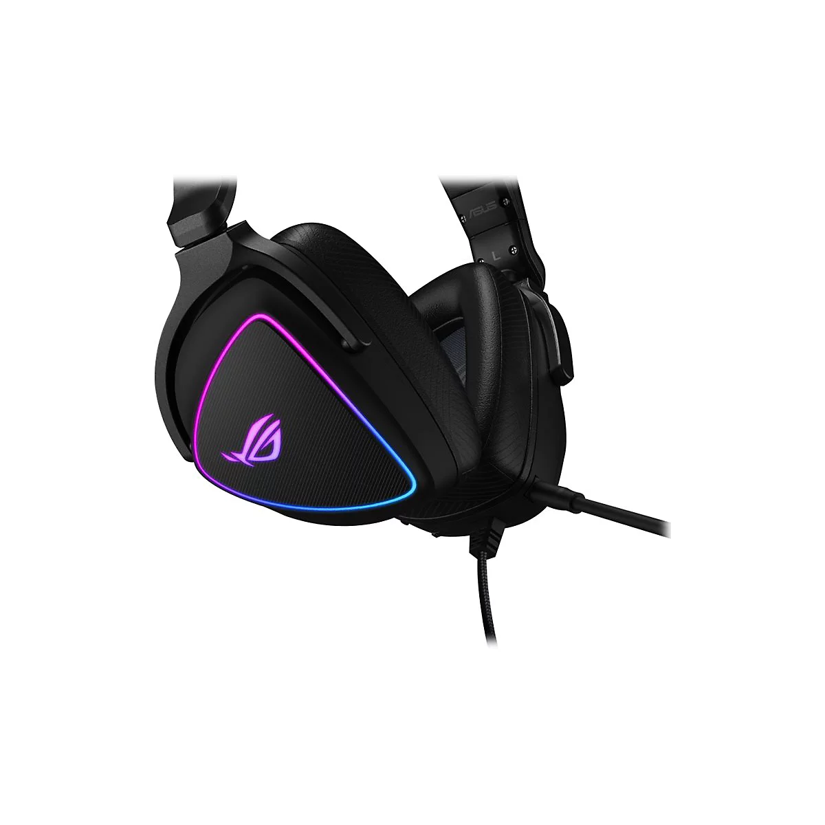Schwarzes Gaming-Headset mit farbiger LED-Beleuchtung und dem ROG-Logo.