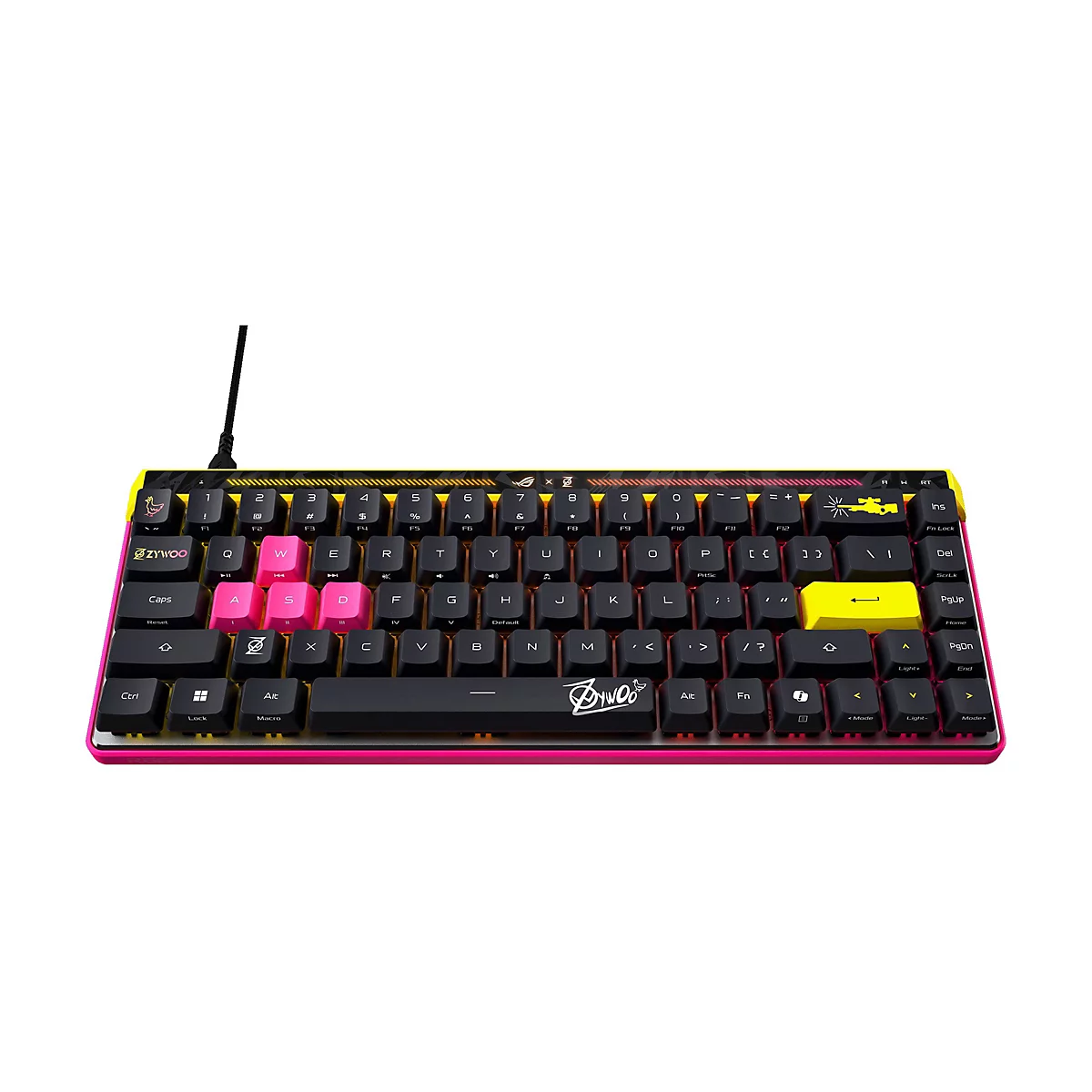 Kompakte Gaming-Tastatur mit schwarzem Gehäuse, pinken Akzenten und individuellen Gaming-Tasten.