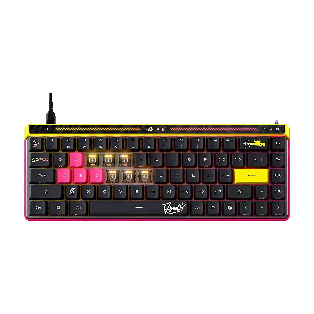 Kompakte Gaming-Tastatur in Schwarz mit gelbem Rahmen, pinken Gaming-Tasten und ZywOo-Branding.