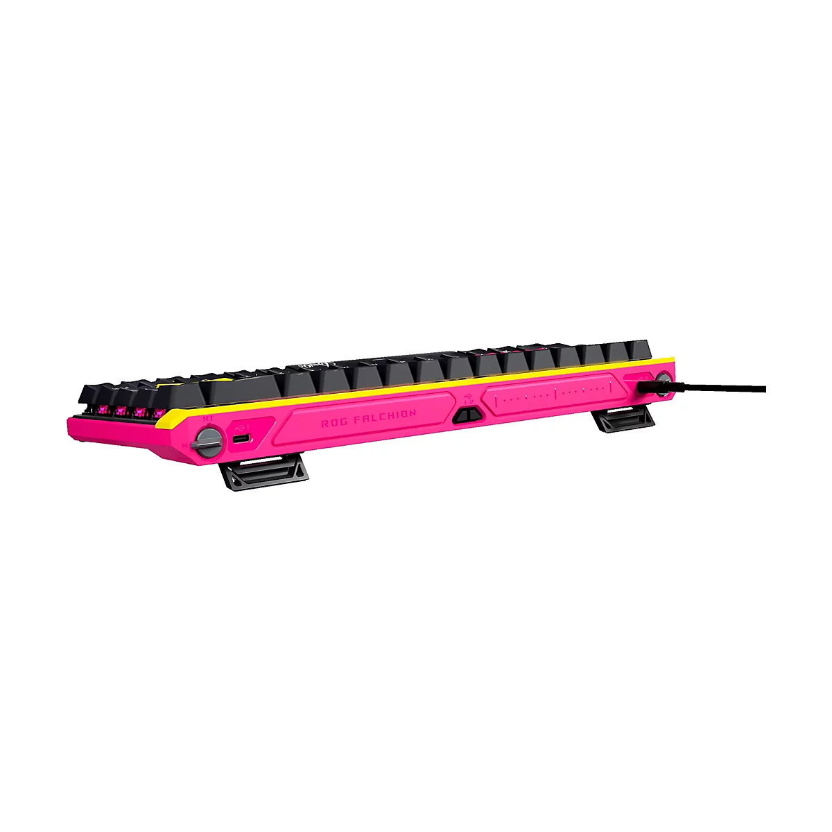 Rückseite der pinken ASUS ROG Falchion Tastatur mit schwarzer Tastenreihe und Anschlüssen.