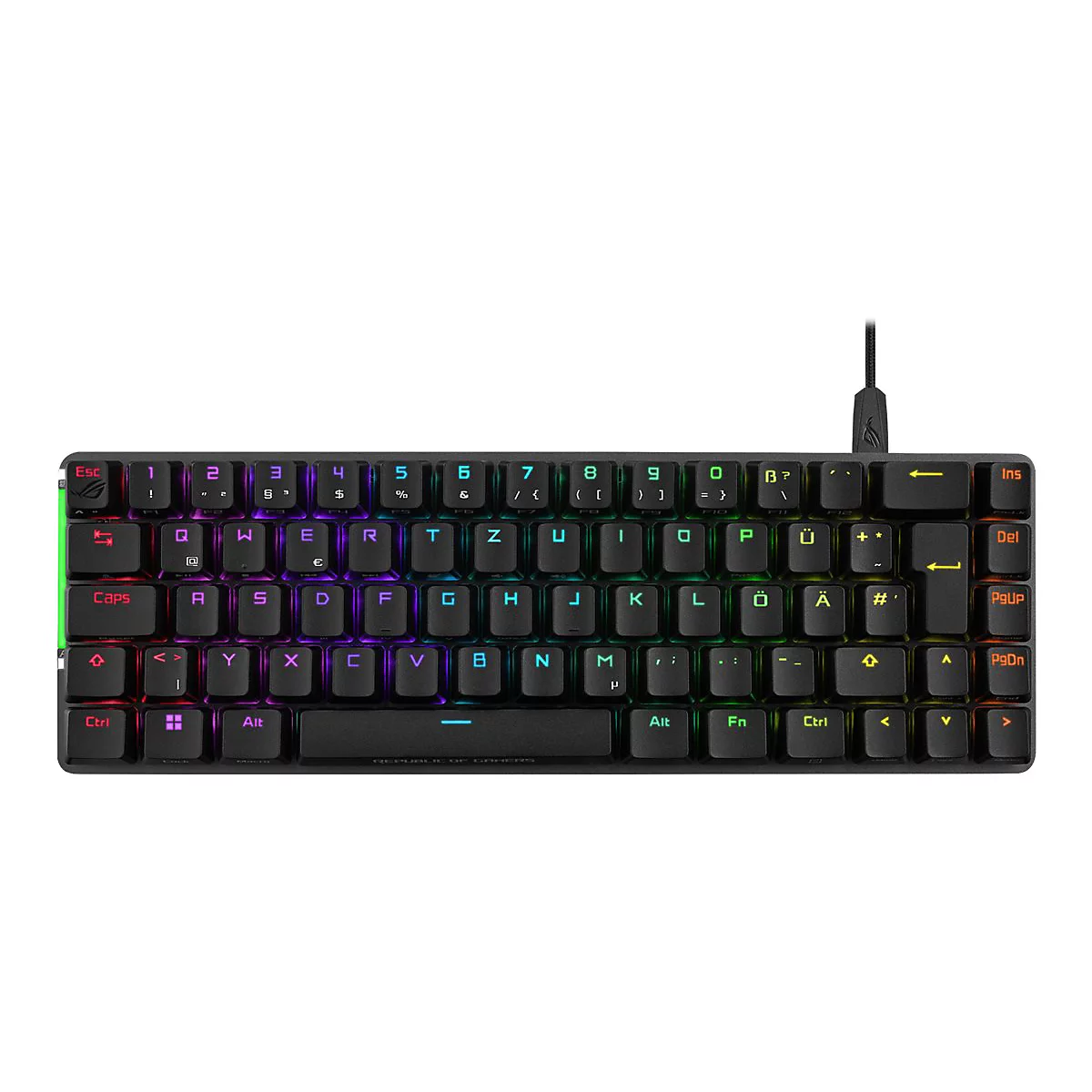 Schwarze, kompakte mechanische Gaming-Tastatur mit RGB-Beleuchtung und deutschem Tastenlayout auf weißem Hintergrund.