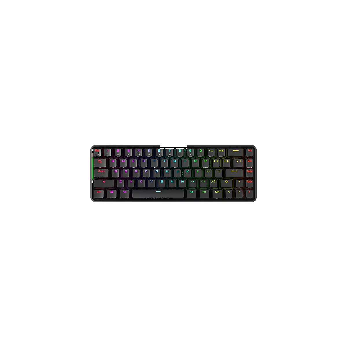 Schwarze, kompakte Gaming-Tastatur von ASUS ROG mit RGB-Beleuchtung auf weißem Hintergrund.