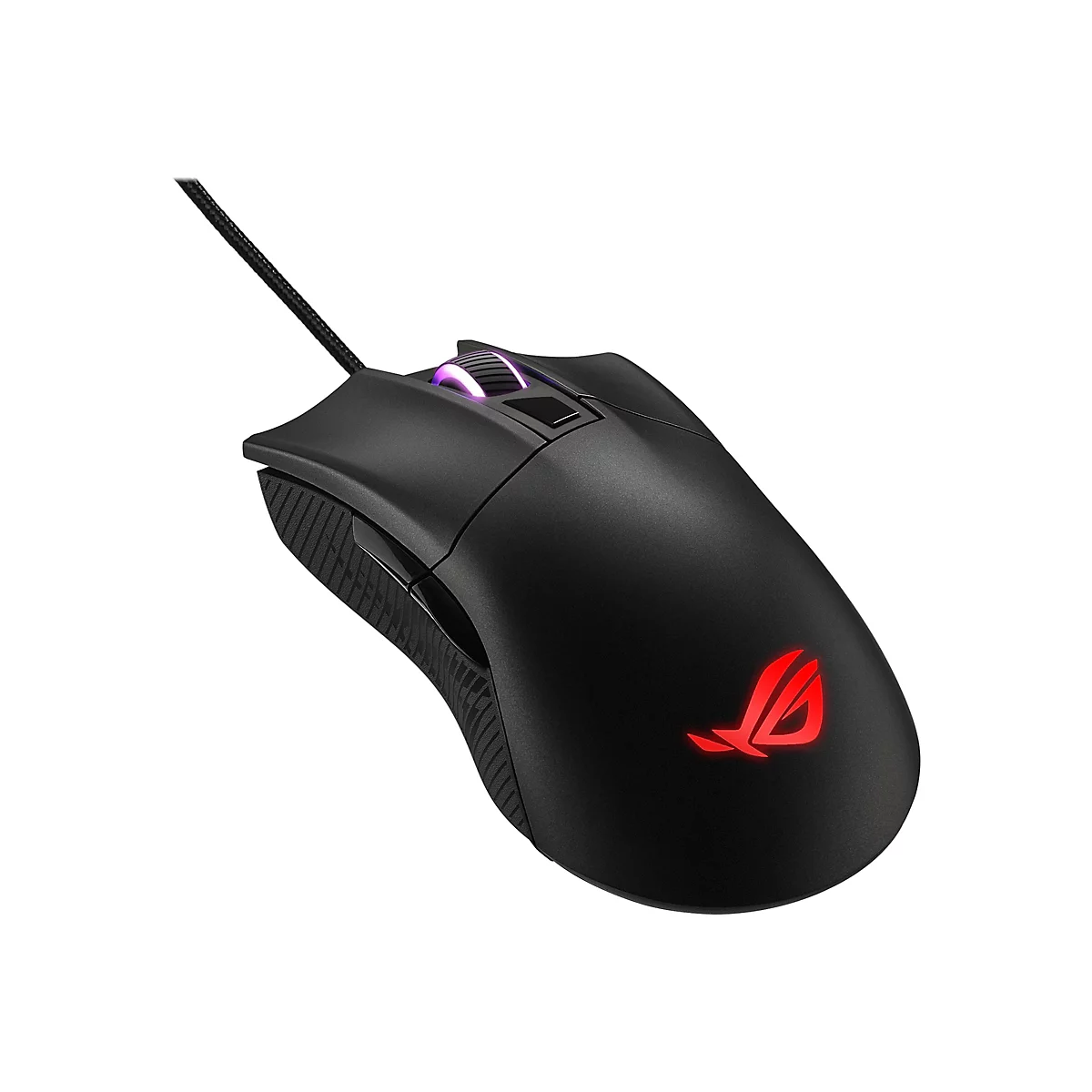 Schwarze Gaming-Maus mit rotem ROG-Logo, Kabel und beleuchtetem Scrollrad.