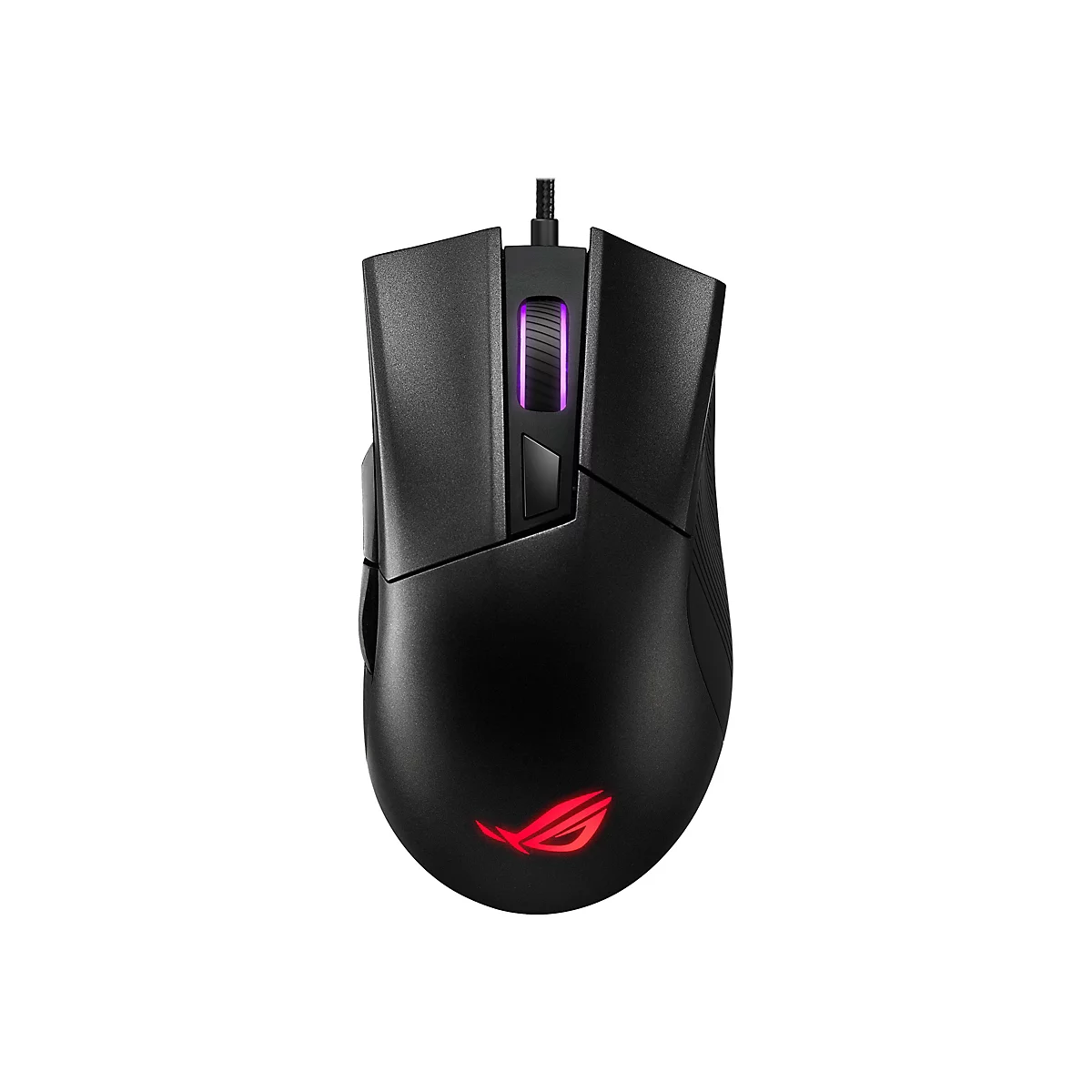Schwarze Gaming-Maus mit RGB-Beleuchtung und ROG-Logo.