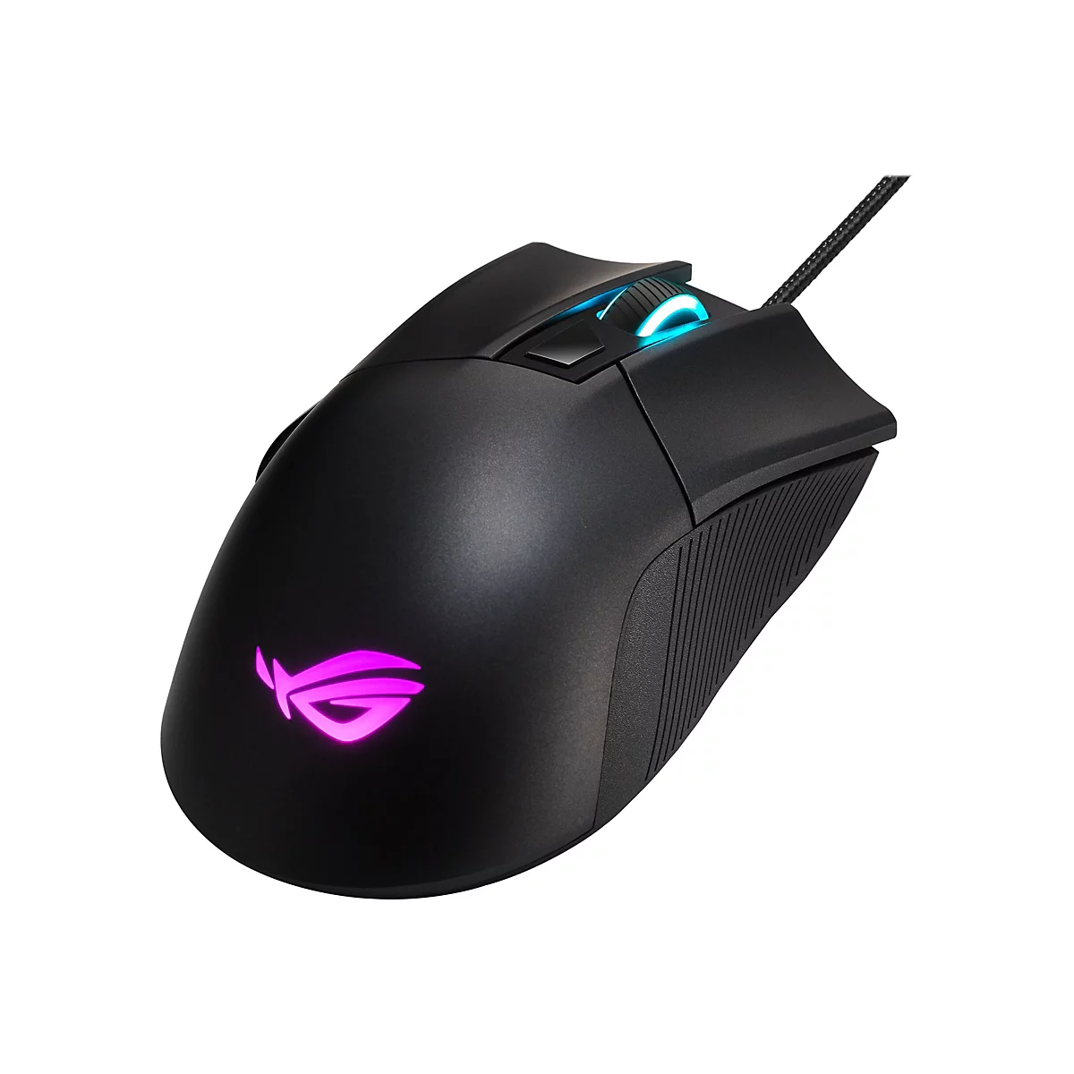 Schwarze Gaming-Maus mit pinkfarbenem Logo und blauen Lichtelementen.