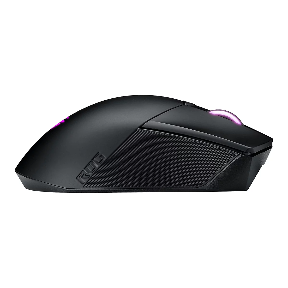 Schwarze Gaming-Maus mit RGB-Beleuchtung und ROG-Logo. Auf weißem Hintergrund.