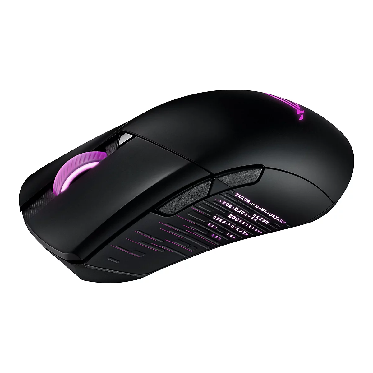 Schwarze Gaming-Maus mit lila beleuchtetem Scrollrad und Logo. Detailaufnahme des Produkts, das vor weißem Hintergrund platziert ist.