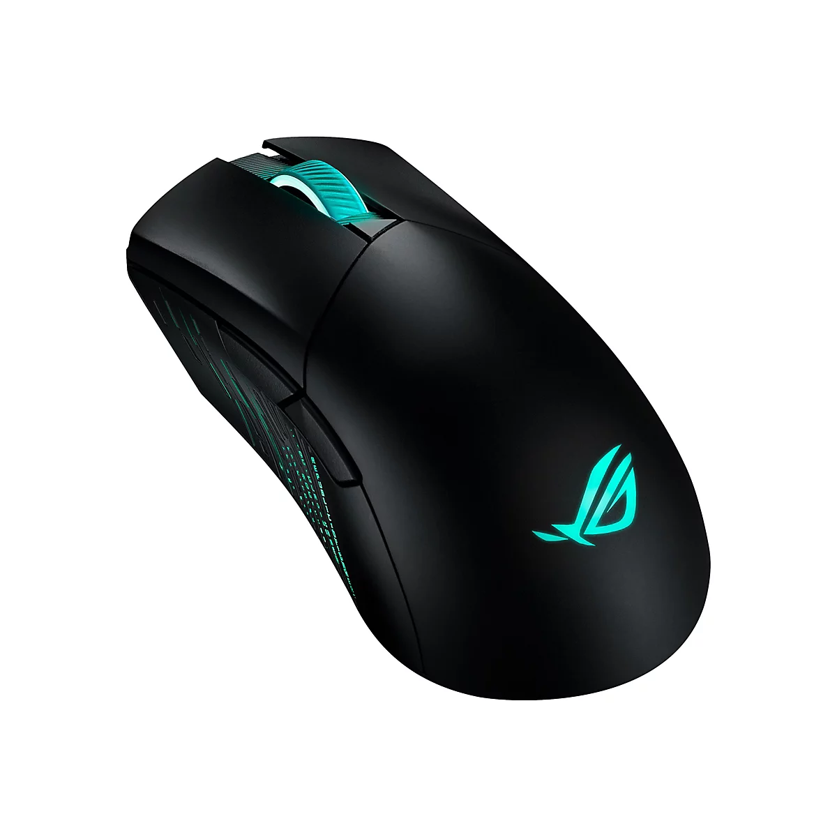 Schwarze Gaming-Maus mit türkisgrüner Beleuchtung und ROG-Logo.
