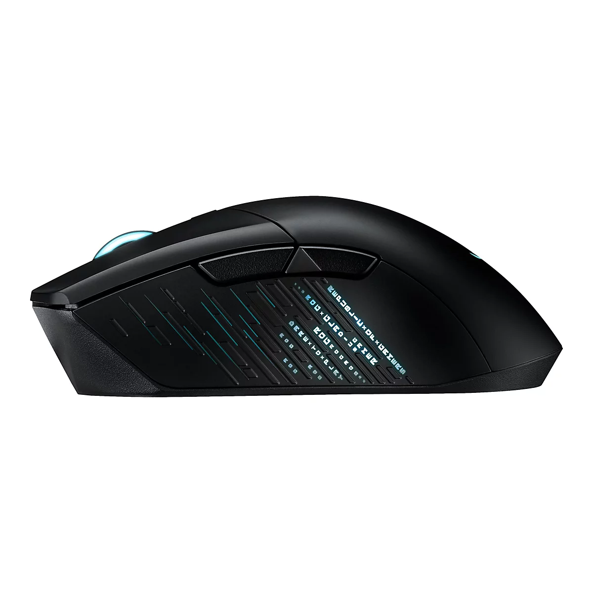 Schwarze Gaming-Maus, von der Seite gesehen, mit blauen Lichteffekten.