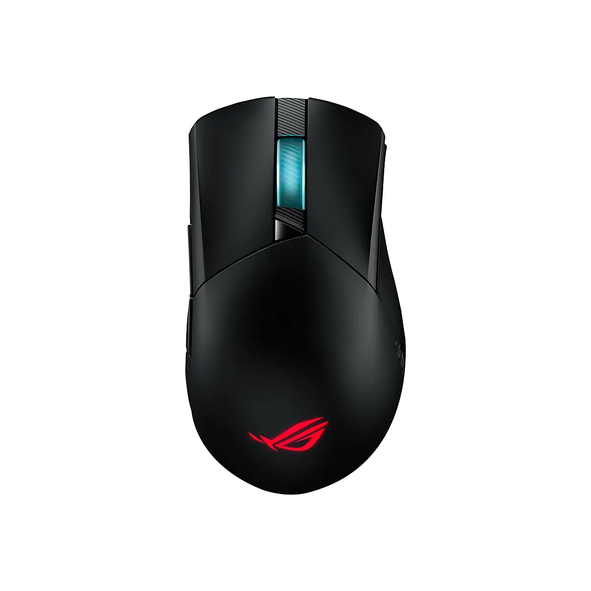 Schwarze Gaming-Maus mit rotem ROG-Logo unten und blau beleuchteter Leiste.