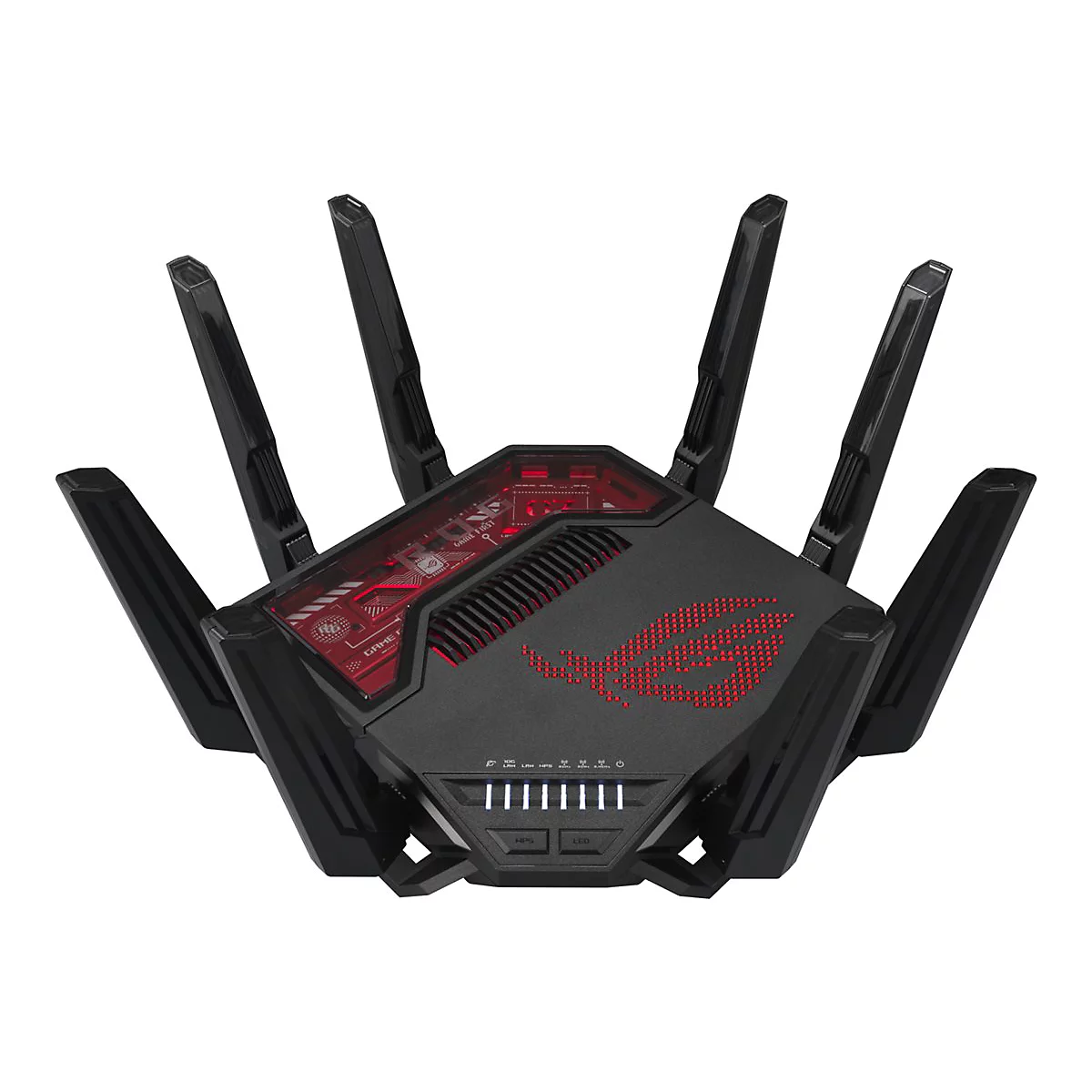 Routeur Wi-Fi noir avec LED rouges et antennes. Logo ROG sur le dessus.