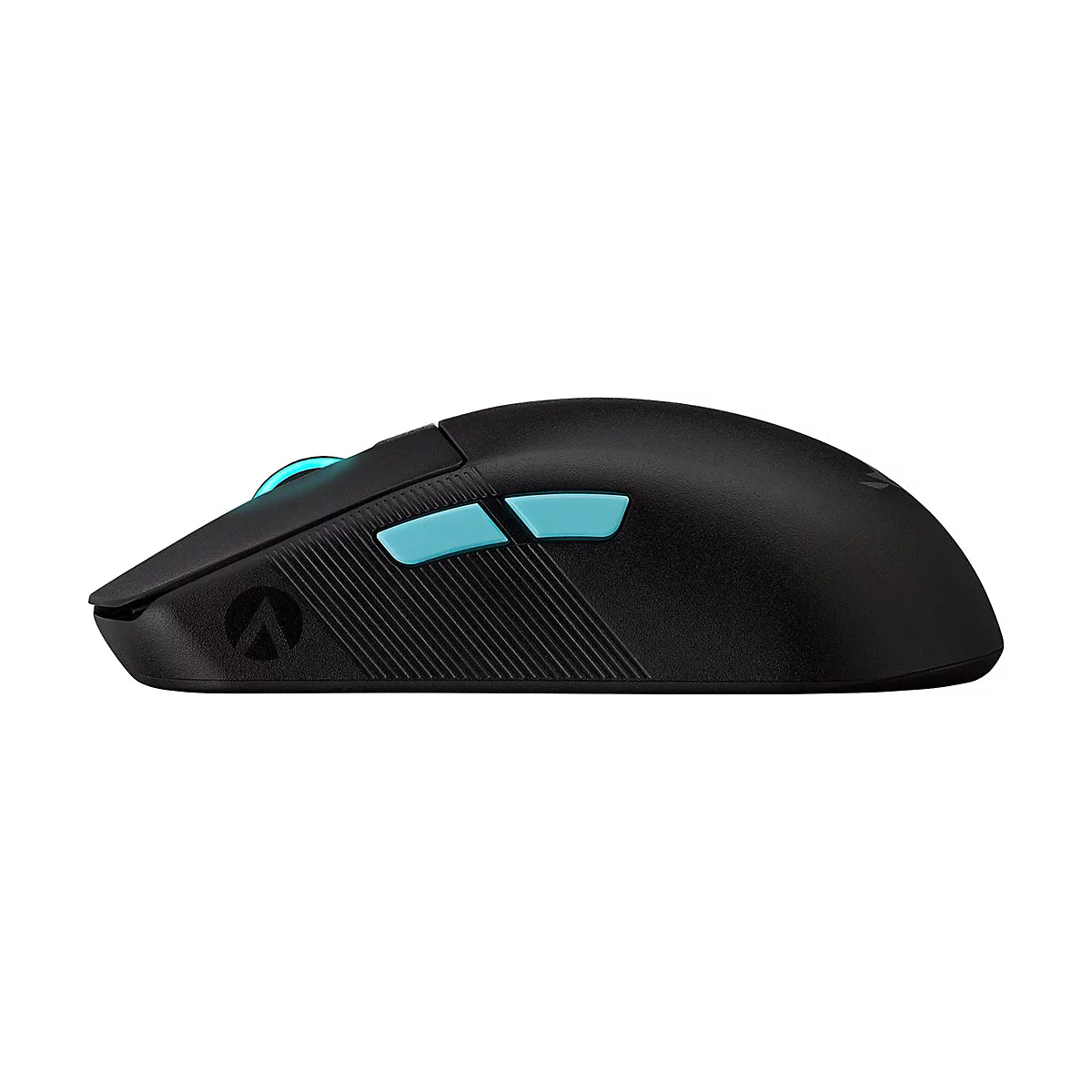 Souris d'ordinateur noire avec des boutons et des accents turquoise, vue de profil.