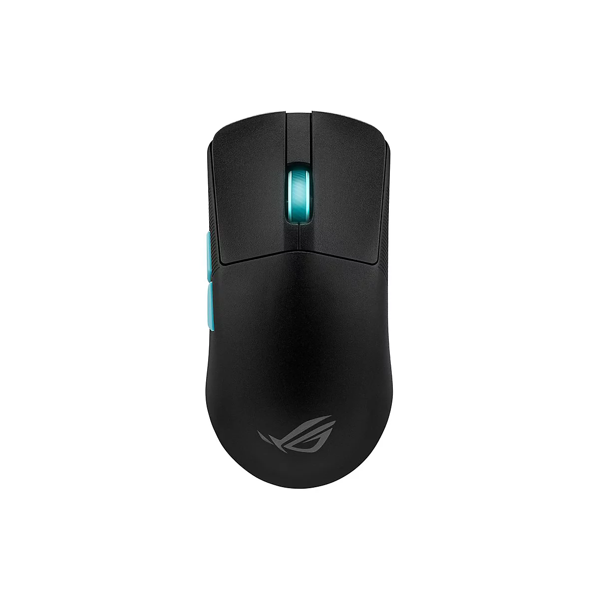Souris de jeu noire avec des accents bleus et une molette de défilement lumineuse. Logo ROG.