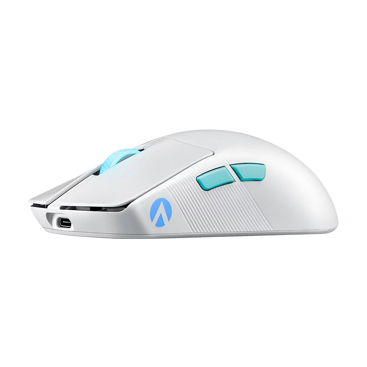 Souris de jeu blanche sans fil avec des accents bleus. Molette de défilement et boutons latéraux bleus. Logo sur le côté.