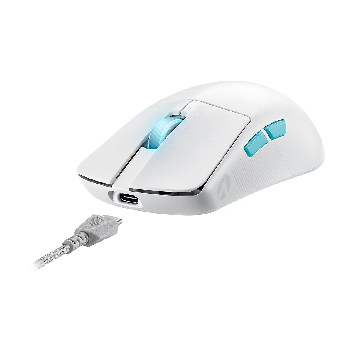 WeiÃŸe Gaming-Maus mit blauen Akzenten und Ladekabel. Die Maus zeigt Scrollrad und Seitentasten.
