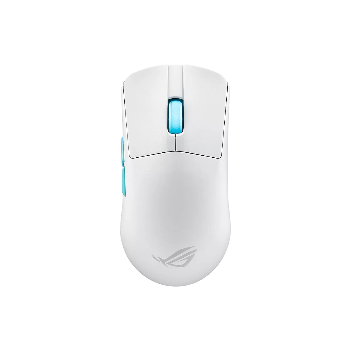 Weisse Gaming-Maus mit blauen Akzenten und Logo unten. Mausrad und Seitentasten sind blau.