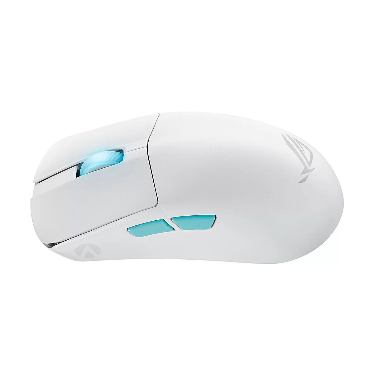 Eine weiÃŸe Gaming-Maus mit blauen Akzenten. Zwei Tasten an der Seite, ein leuchtendes Scrollrad. ROG Logo.