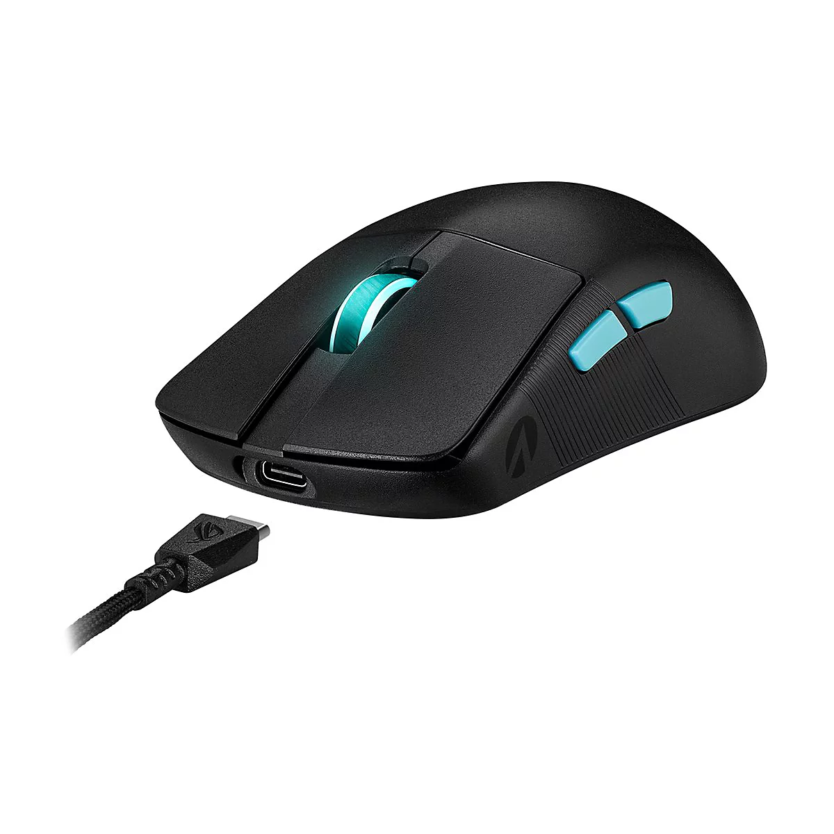 Schwarze Gaming-Maus mit blauen Tasten und USB-C-Anschluss. Ein leuchtender Streifen um das Scrollrad.