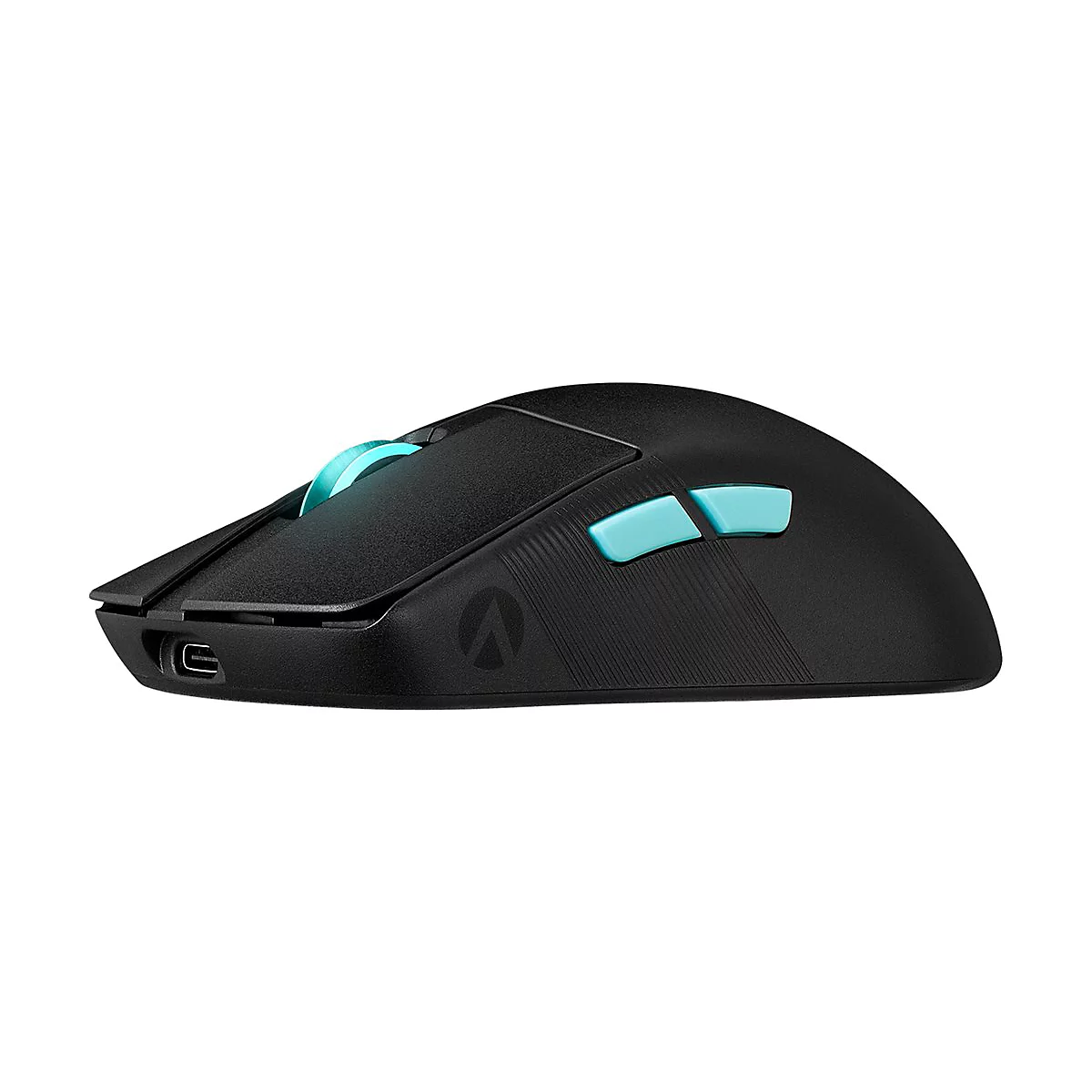 Schwarze Gaming-Maus, hellblaue Akzente an Knöpfen und Scrollrad.