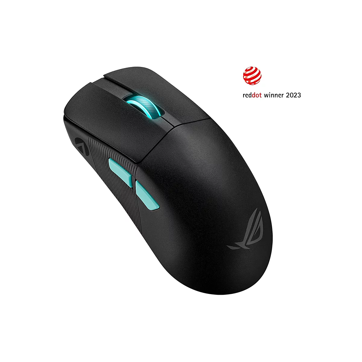 Schwarze Gaming-Maus mit blau leuchtendem Scrollrad und Seitentasten. Auf der Maus ist das ROG-Logo abgebildet. Auszeichnung "reddot winner 2023".