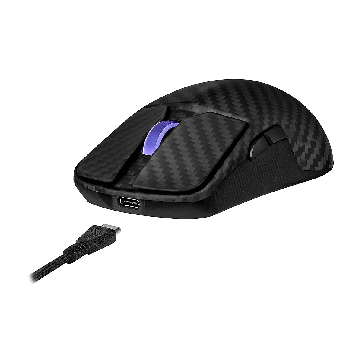 Schwarze Gaming-Maus mit Carbon-Optik und USB-C-Anschluss, Leuchtende Elemente.