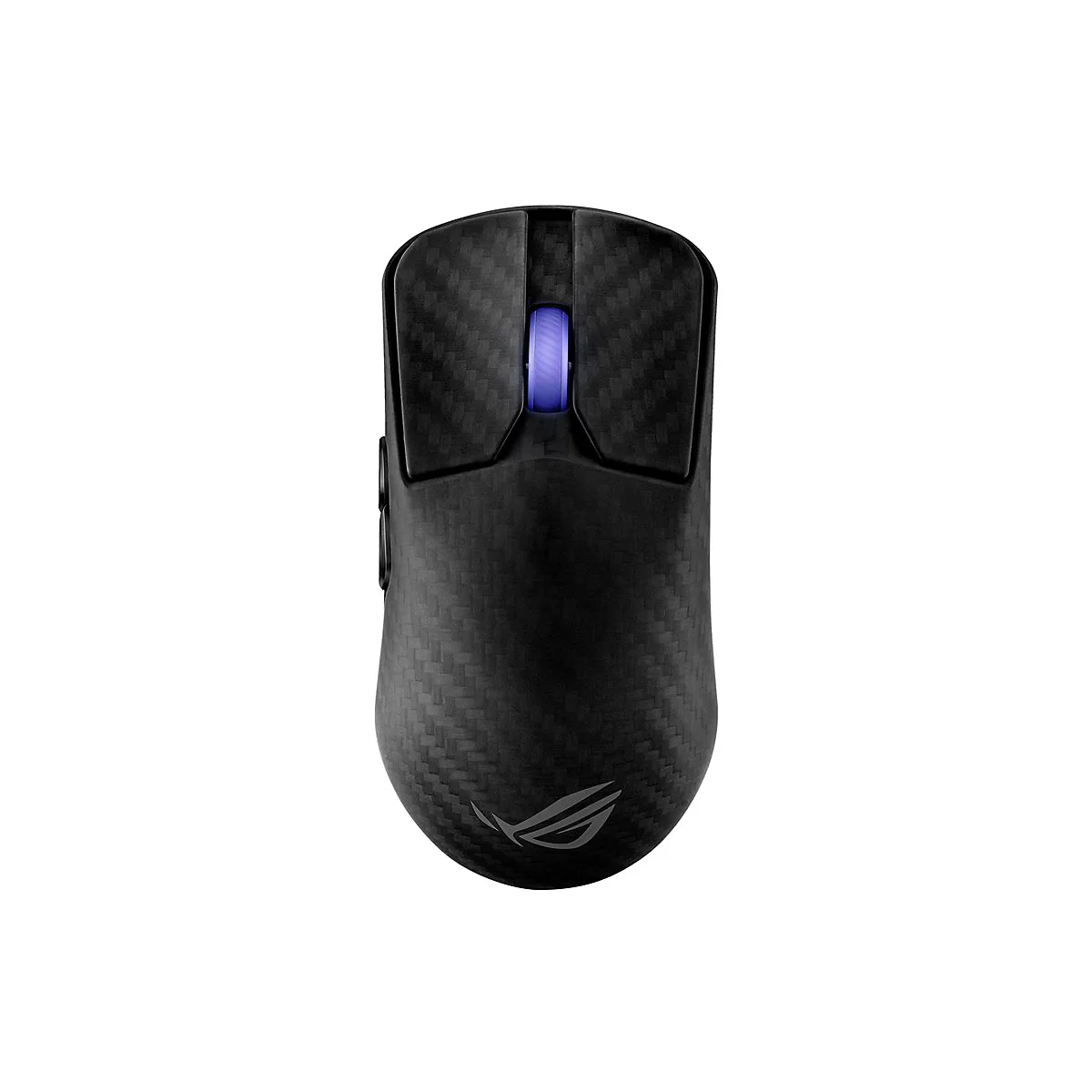 Drahtlose schwarze Gaming-Maus mit Kohlefaser-Textur und blau beleuchtetem Scrollrad.