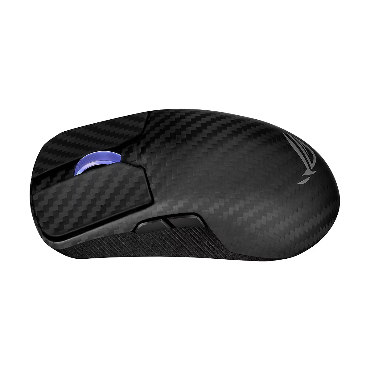 Schwarze Gaming-Maus mit Carbonfaser-Muster. Sichtbar sind: Scrollrad, Seitentasten und das ROG-Logo.