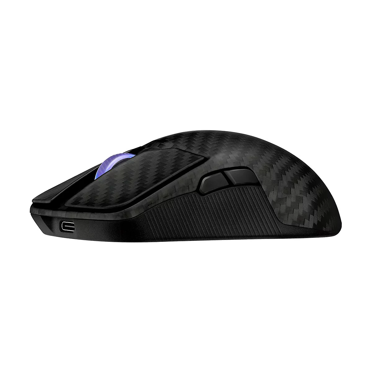 Schwarze Gaming-Maus mit Carbonfaser-Optik, Scrollrad mit blauer Beleuchtung und zwei Zusatztasten.