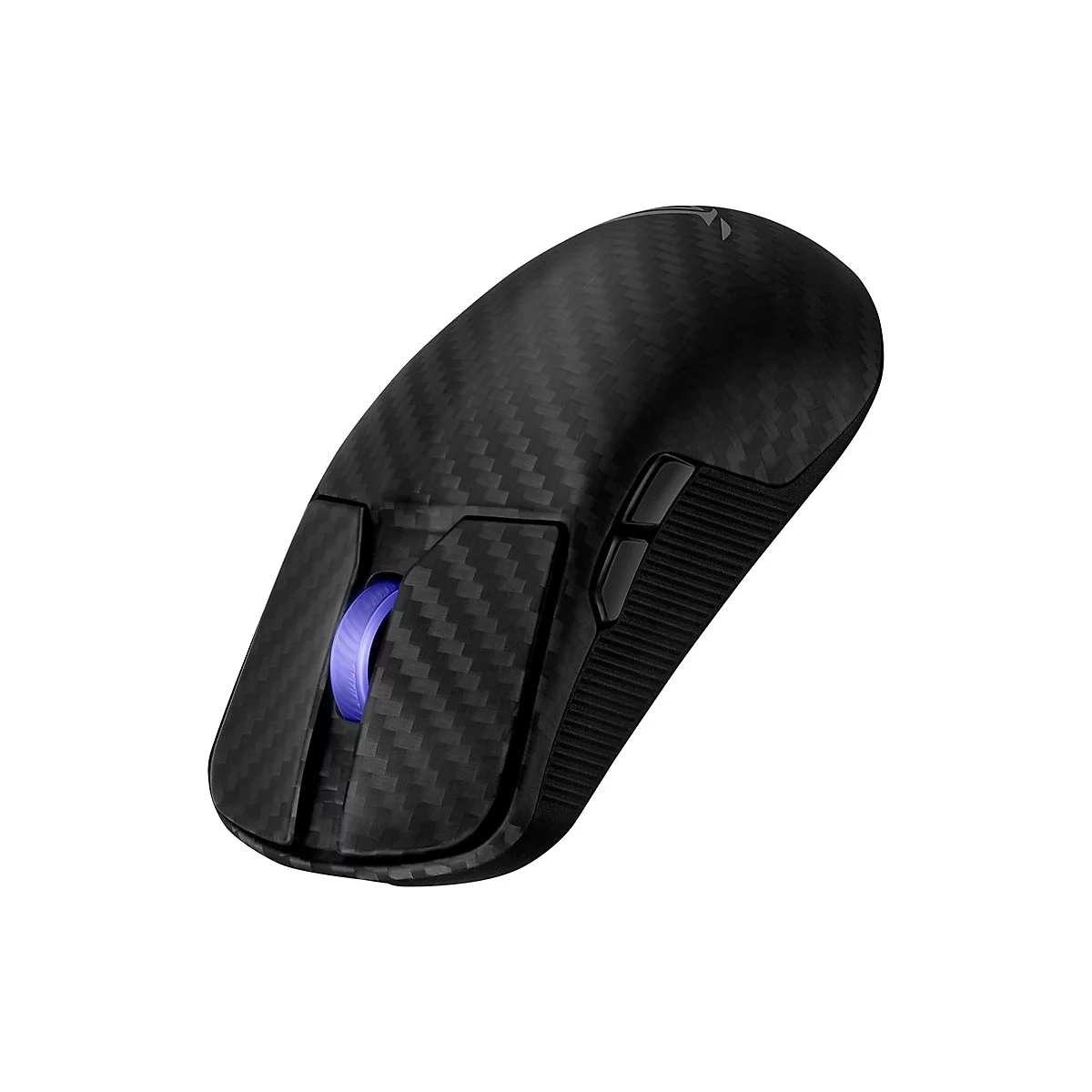 Draufsicht auf eine schwarze Gaming-Maus mit Karbonfaser-Optik, blauem Scrollrad und seitlichen Tasten.