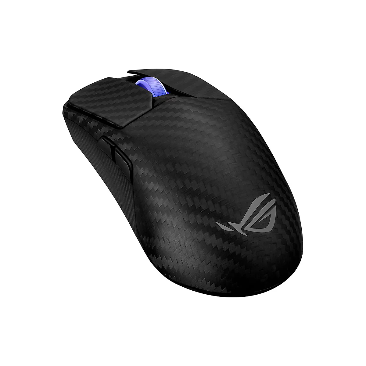 Schwarze Gaming-Maus mit Carbonfaser-Optik. Das ROG-Logo ist sichtbar. Das Mausrad leuchtet blau.